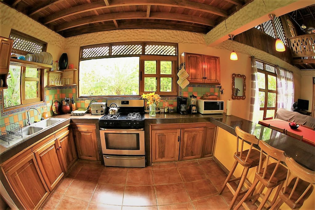 Spacious kitchen with garden views