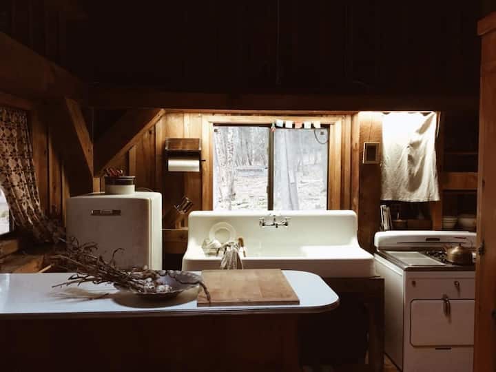 Ye olde kitchen in the Catskills...porcelain sink overlooking the forest, Chambers cooking stove, & 50's refrigerator.