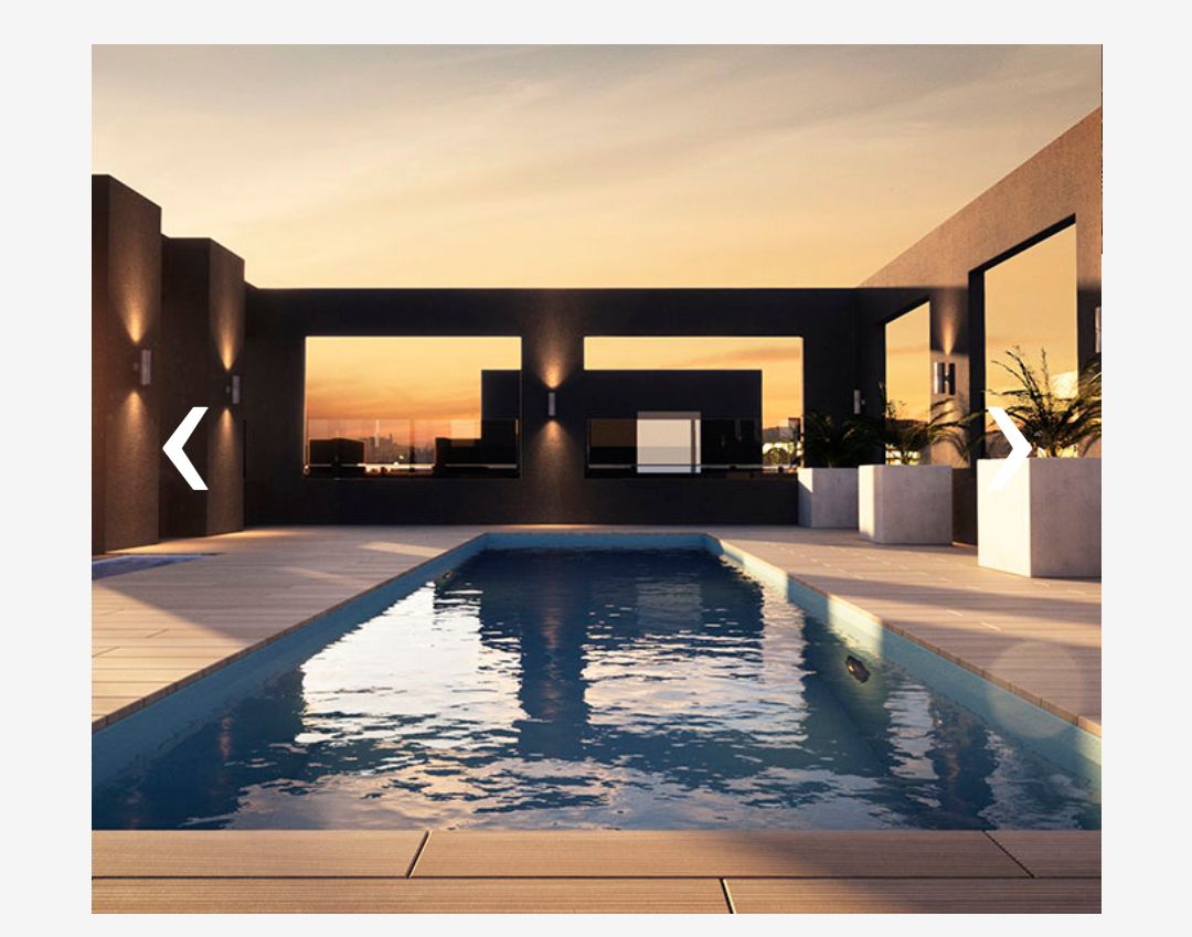 A modern terrace features a swimming pool stretching across the foreground, surrounded by sleek walls and ambient lighting. Large windows provide views of the horizon, while potted plants add a touch of green against the neutral tones of the architecture.