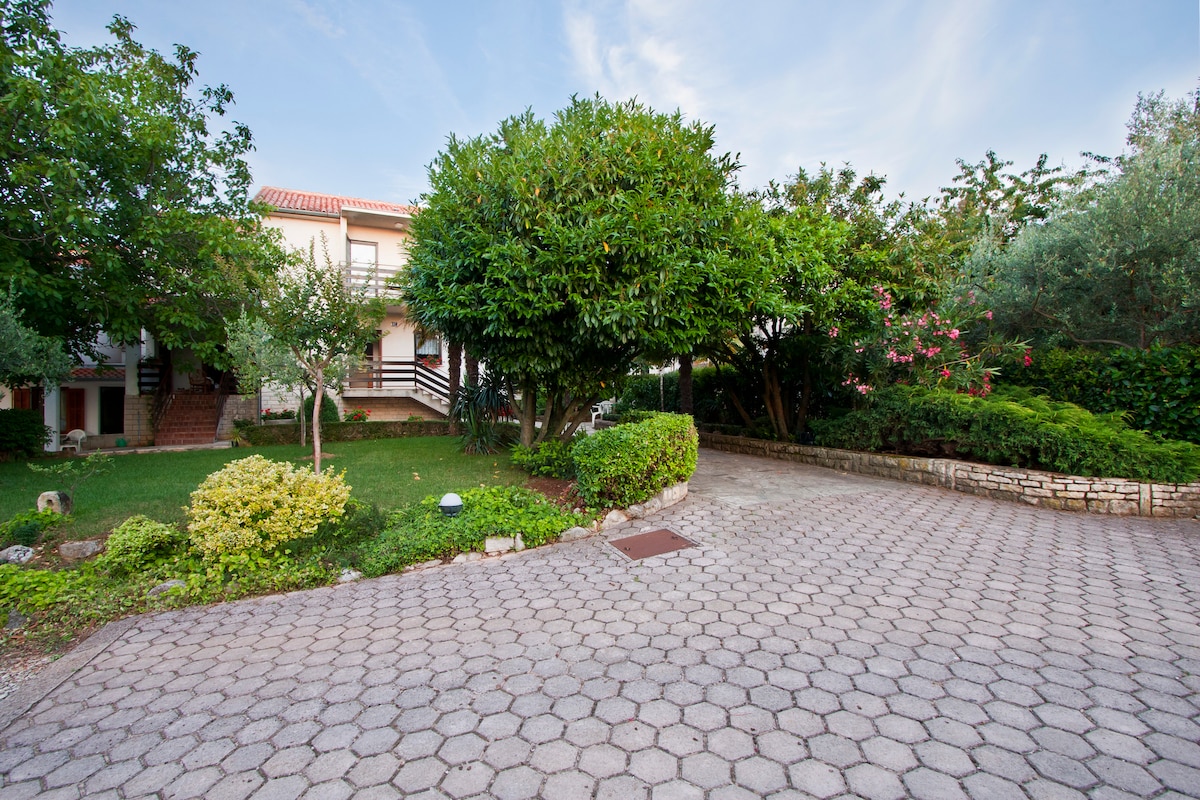 A neatly arranged outdoor area features a paved pathway leading to a two-story building surrounded by lush greenery. Various plants, including shrubbery and trees, provide ample shade and a serene environment, enhancing the inviting entrance to the apartment.