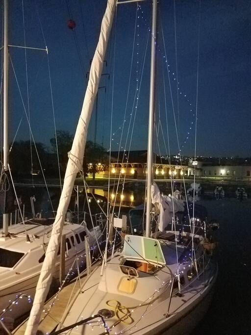 Summer at Dock with LED's Running up the Mast Stays
