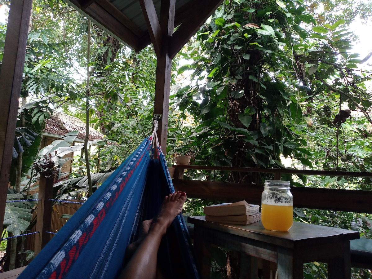 A hammock is suspended on a private deck, surrounded by lush green foliage. A wooden table with a jar of juice and a book can be seen nearby. Sunlight filters through the dense jungle, enhancing the serene atmosphere.