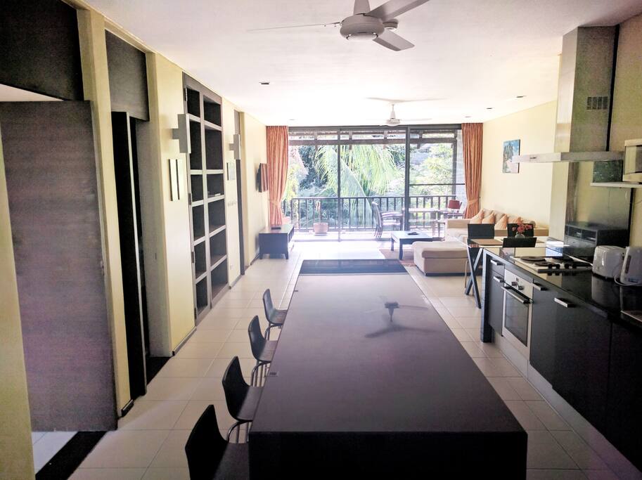 Big living room with western kitchen