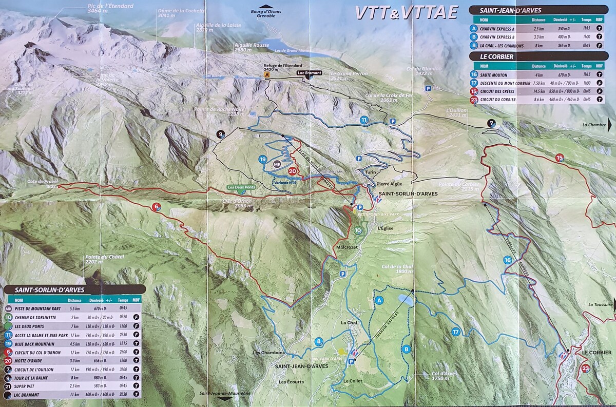 A detailed map showcases various mountain biking and hiking trails labeled with paths in blue and red. Elevation contours and points of interest, including Saint-Sorlin-d'Arves and Le Corbier, are visible. Informative charts provide trail difficulty ratings and distances for outdoor enthusiasts.
