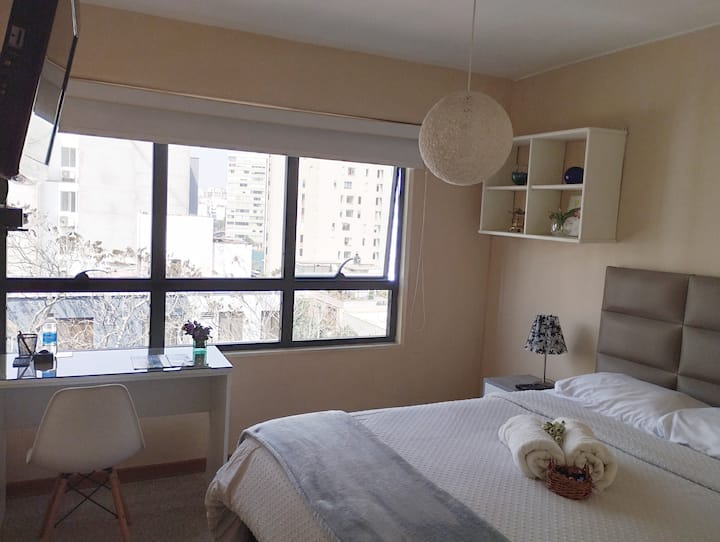 Тази стая е много светла, уютна и удобна. Има двойно легло, бюро, стол, огледало в цял ръст, нощно шкафче. Дрешникът е просторен. Също така стаята има кабелна телевизия.