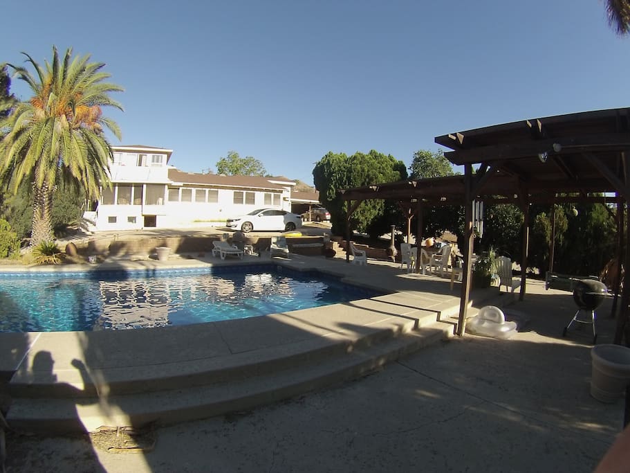 Pool area with multiple seating areas to enjoy a beverage or stretch out on a chaise