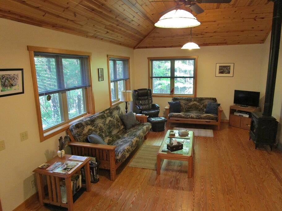 Living area with 3 large windows, pendant lights & fan, gas fireplace, flat screen TV