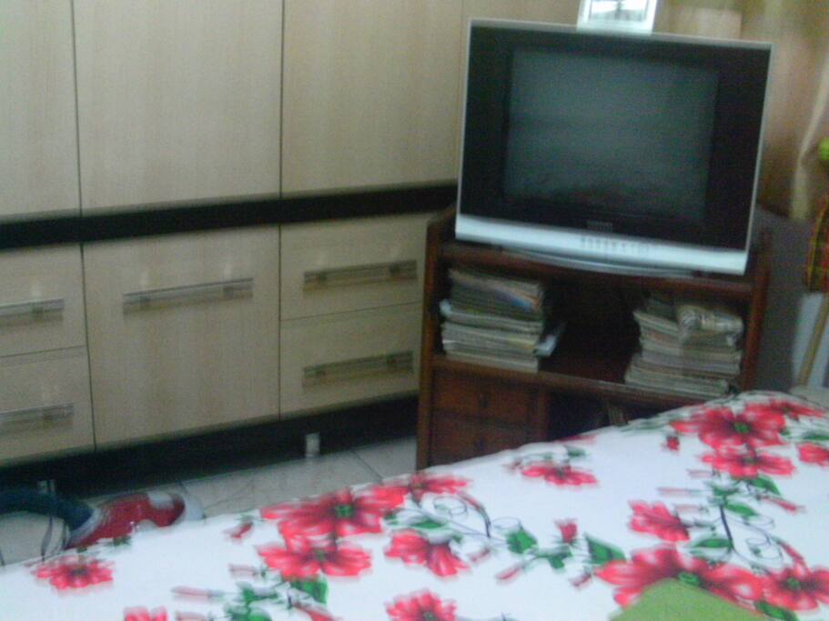 quarto com guarda-vestido e tv.