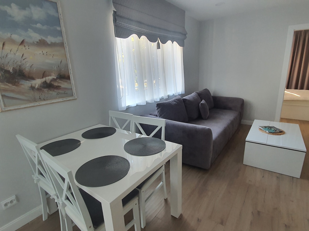 A modern living space features a comfortable grey sofa and a sleek coffee table. A dining area with a white table set for four is visible. Natural light streams through large windows, complemented by light-colored curtains and a piece of artwork on the wall.