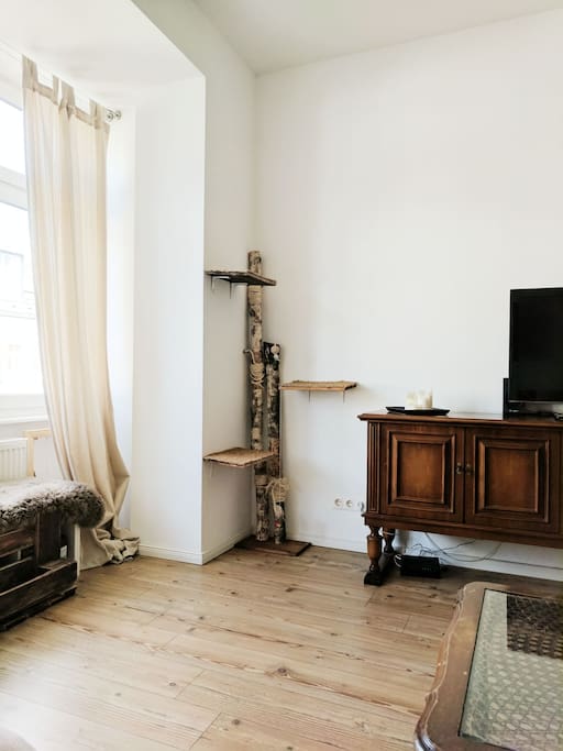 Spacious living room with couch, dining table and TV.