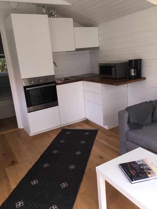 Modernt kök (Micro, varmluftsugn, spishäll) och bäddsoffa för 2 personer
