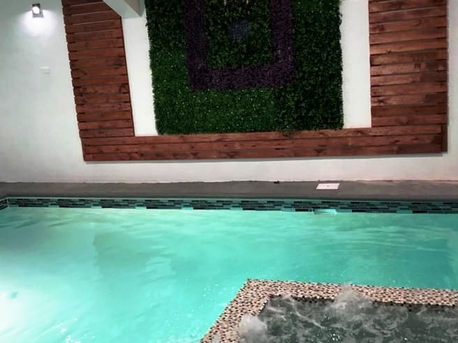 An indoor pool is featured, with clear, inviting water. A textured stone edge surrounds a spa area, creating a relaxing atmosphere. A living wall adorned with greenery is positioned behind the pool, adding a touch of nature to the design.