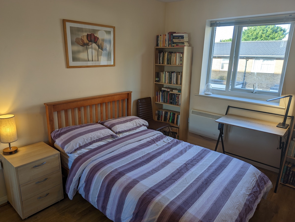 A light double room features a wooden bed with a striped comforter. A bedside lamp and a small chest of drawers are positioned next to the bed. A bookcase filled with books stands against one wall, and a workspace with a desk and chair is situated by the window.