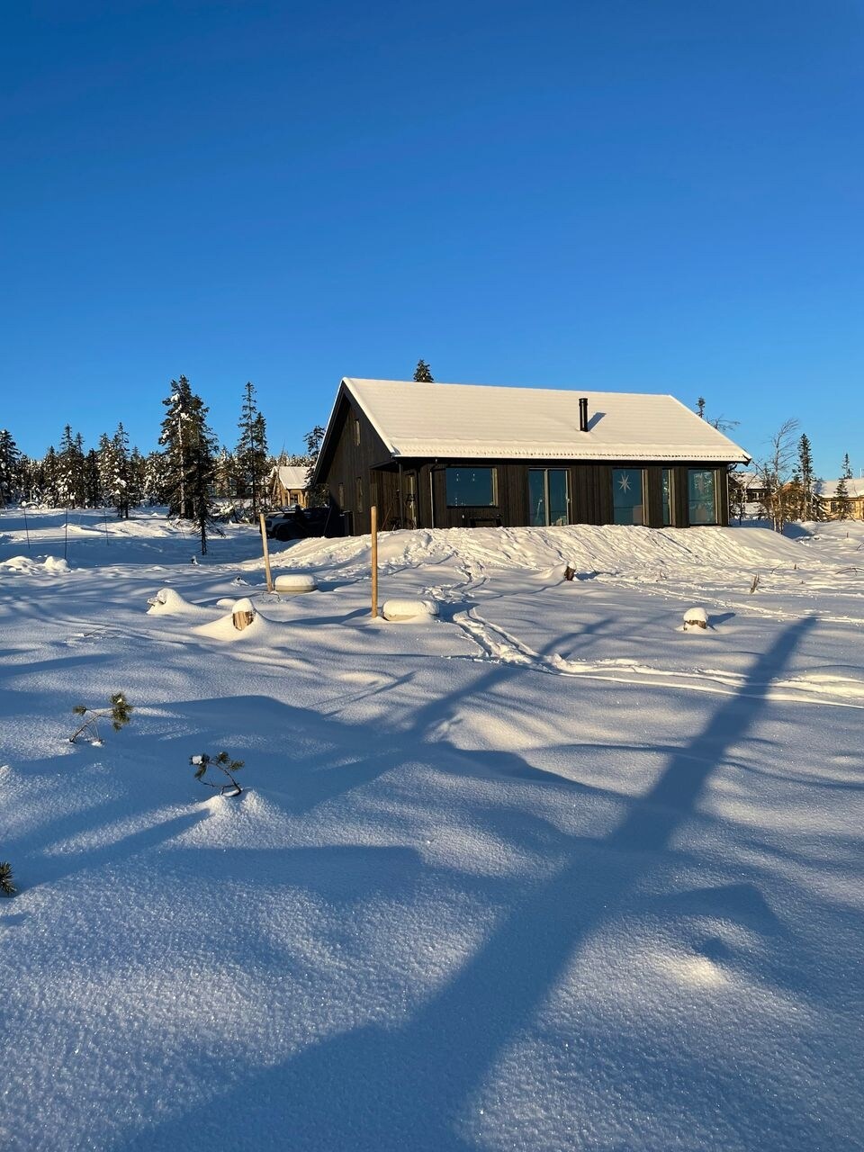 A modern cabin is surrounded by a serene winter landscape, with a sloped roof and large windows reflecting the clear blue sky. Soft snow blankets the ground, with subtle shadows cast by nearby trees in the foreground.