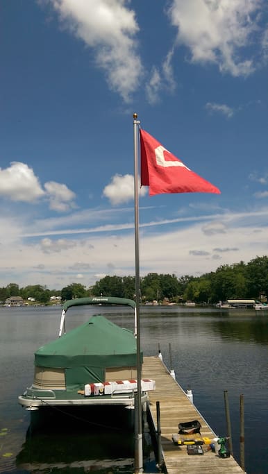 View of Round Lake and our dock from the shore.
