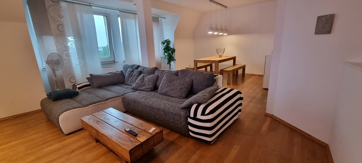 غرفة معيشة كبيرة بأريكة مريحة ومنطقة لتناول الطعام (طاولة 160 × 100 متر) بمساحة تتسع لستة أشخاص