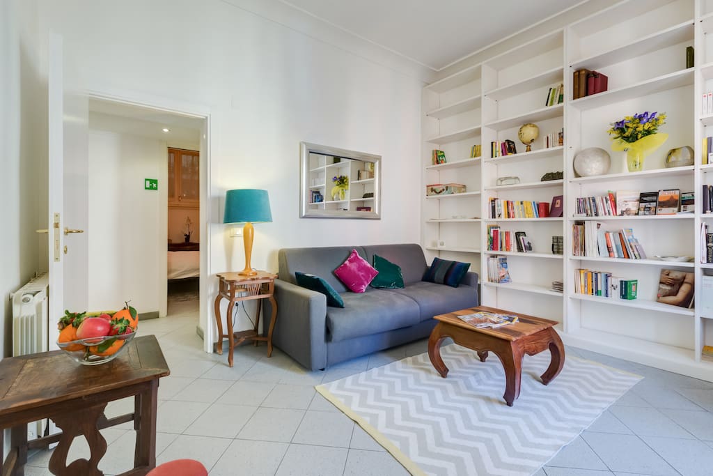 Living room with library, tv, dvd player.