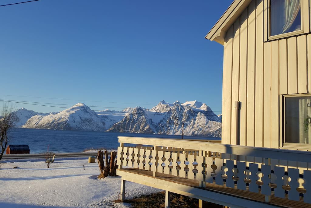The view from the house over the Lyngen fjorden and the Lyngen Alps.