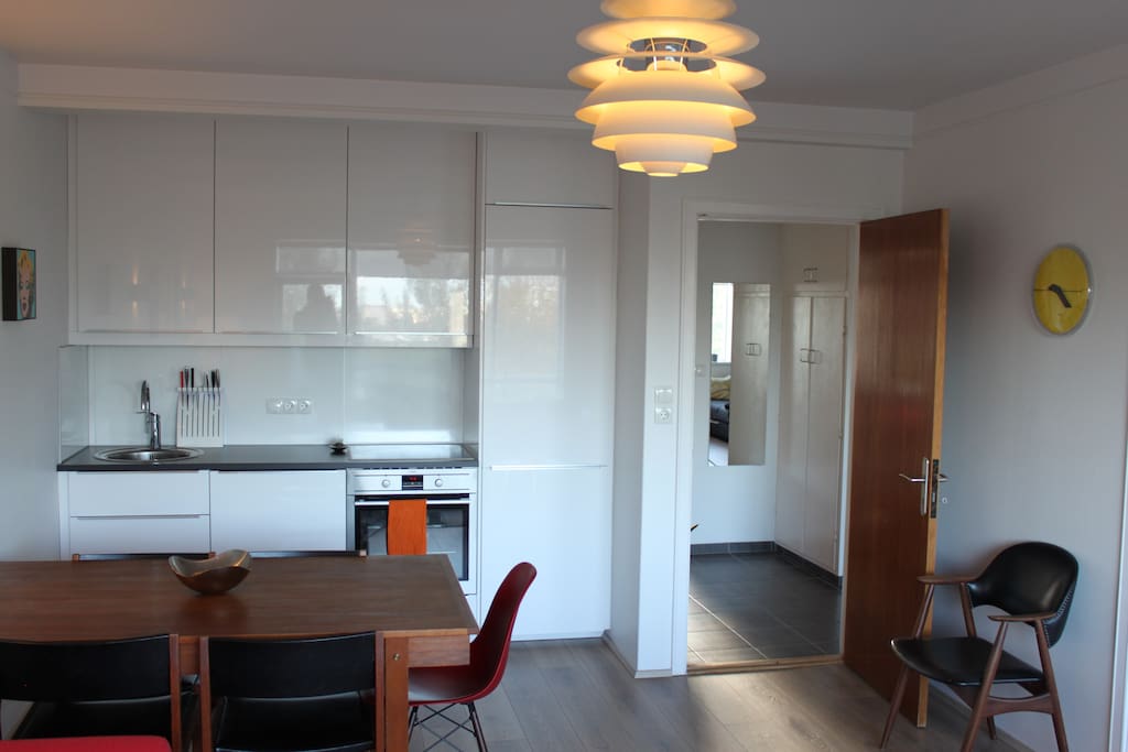 Modern kitchen is in the main living room with everything included; fridge, stove, dish washer and an oven.