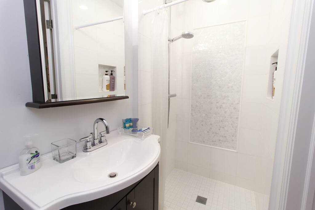 Newly renovated white Carrara marble bathroom