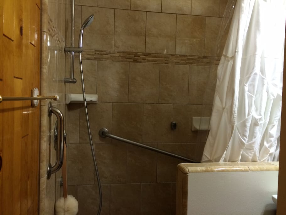 Clean shower equipped with all the necessities.