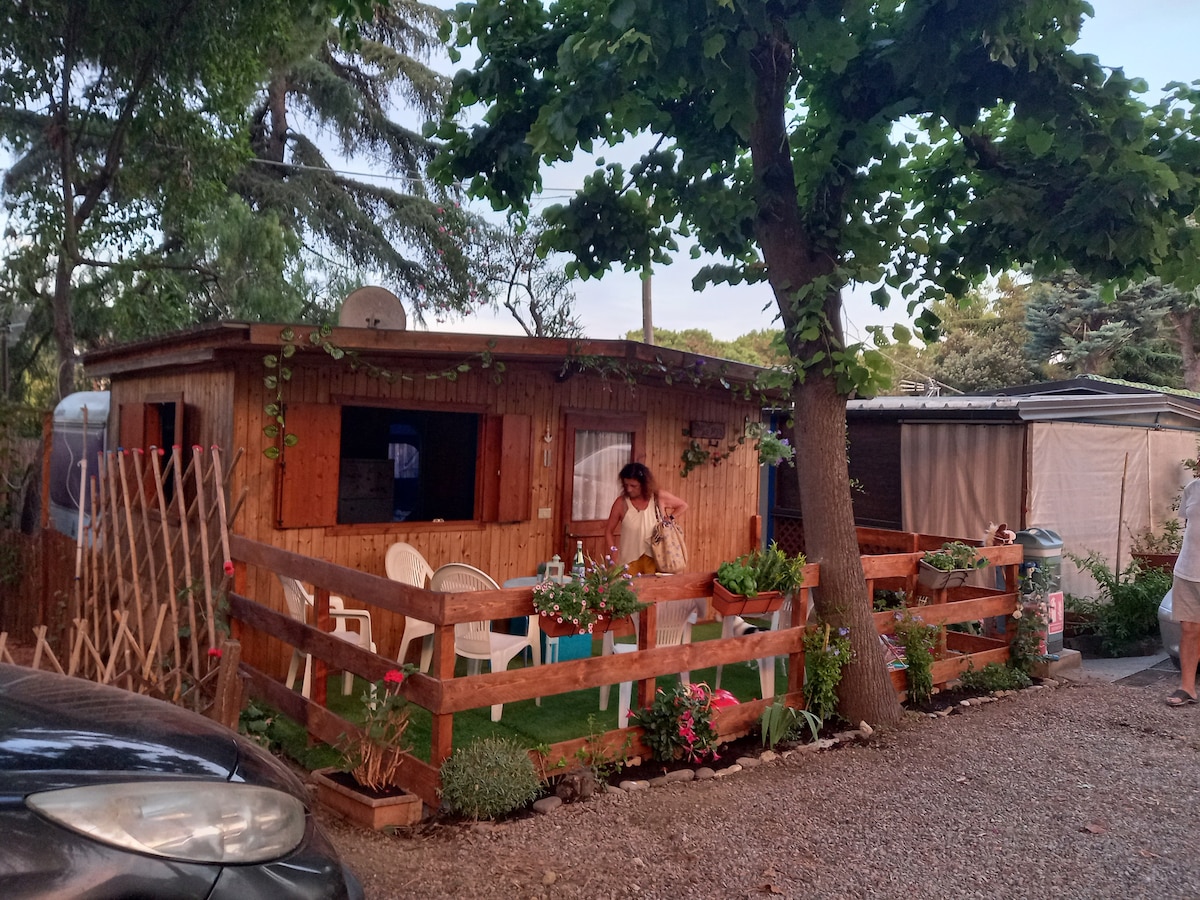 A wooden bungalow is surrounded by greenery, featuring a covered porch with white chairs and colorful flowers in planters. The entrance is framed by wooden railings, with a gravel path leading from the nearby car. Additional structures are visible in the background.