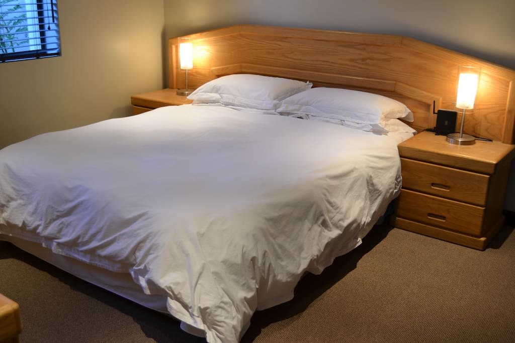 Double bed and built in cupboards, Dresser and sidetables