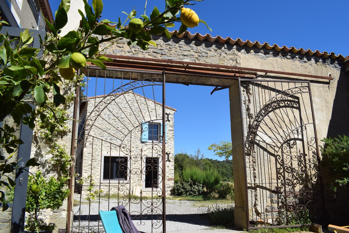 An ornate wrought-iron gate frames a charming stone building, with a clear blue sky above. Lush greenery and a gravel pathway lead to the entrance, while a lemon tree adds a touch of nature to the scene.