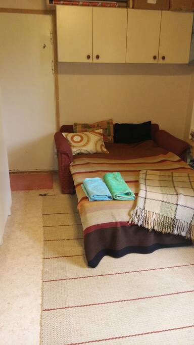Own peaceful room with one bunk bed for two. Additional beds for 1-2 children available, also a baby bed. A working table, cupboard and shelves. Wifi and wired network without additional costs.