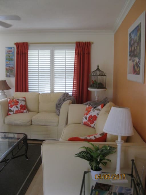 Bright cheerful living room with full size sofa and loveseat, TV