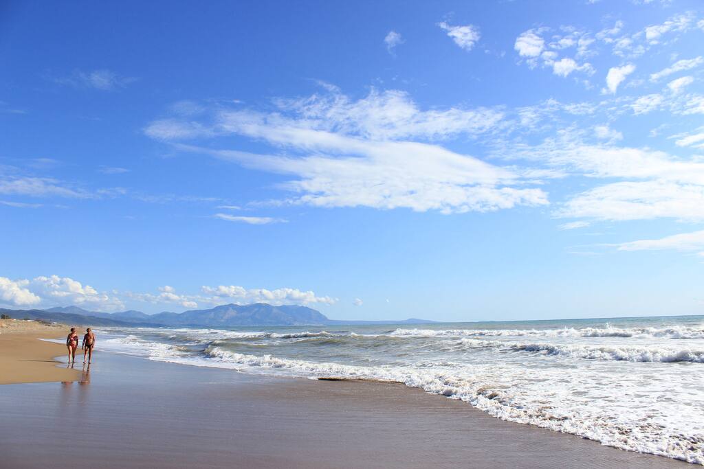 the 26 km long beach is just 5 min away