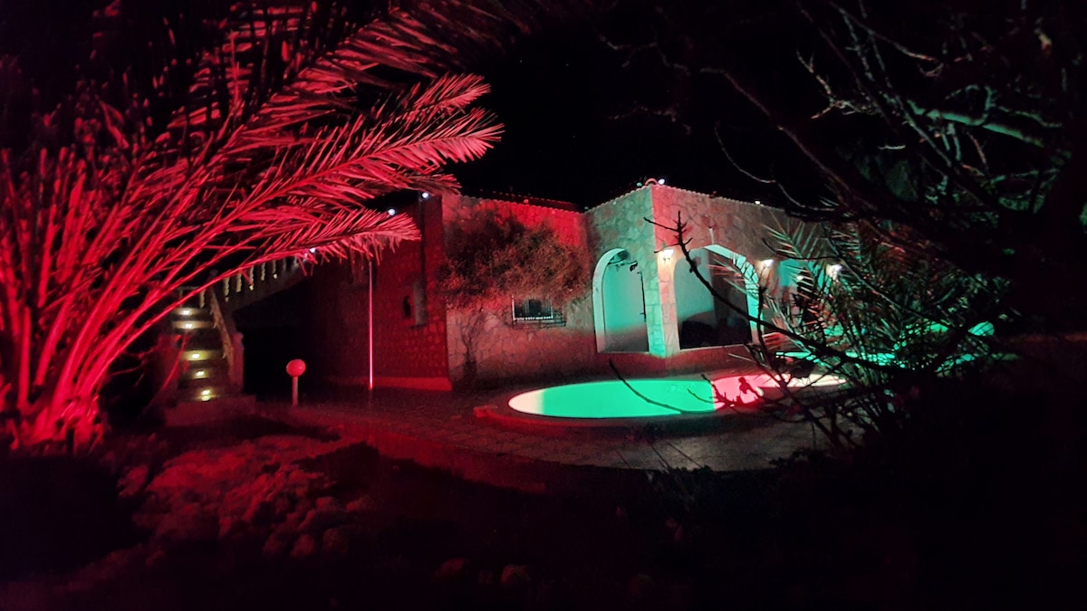 The villa is illuminated with red and green lighting, showcasing its architectural features against a night sky. A private pool is partially visible in the foreground, surrounded by lush greenery, enhancing the tranquil setting surrounded by nature.