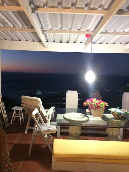 Partially enclosed terrace at night