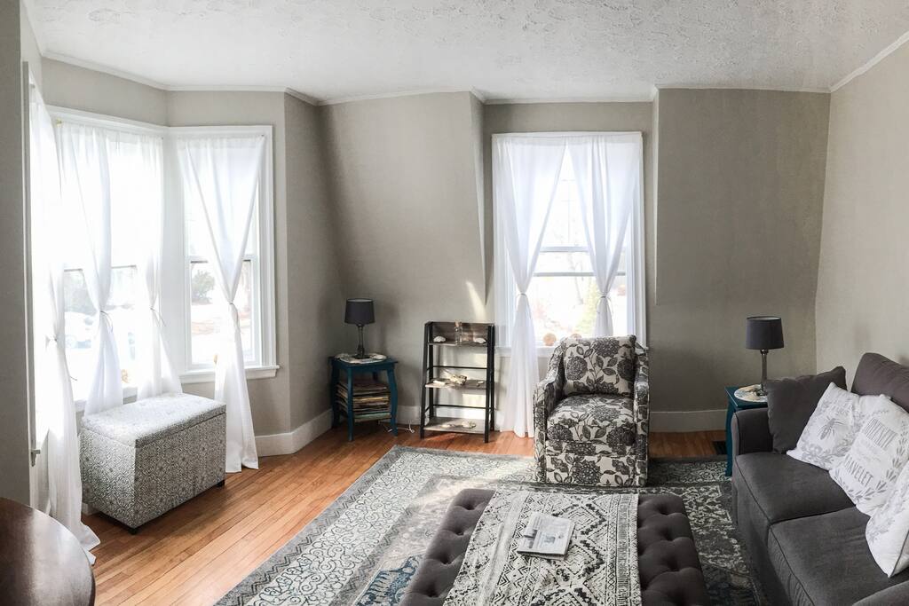 Living room with pull out queen couch.