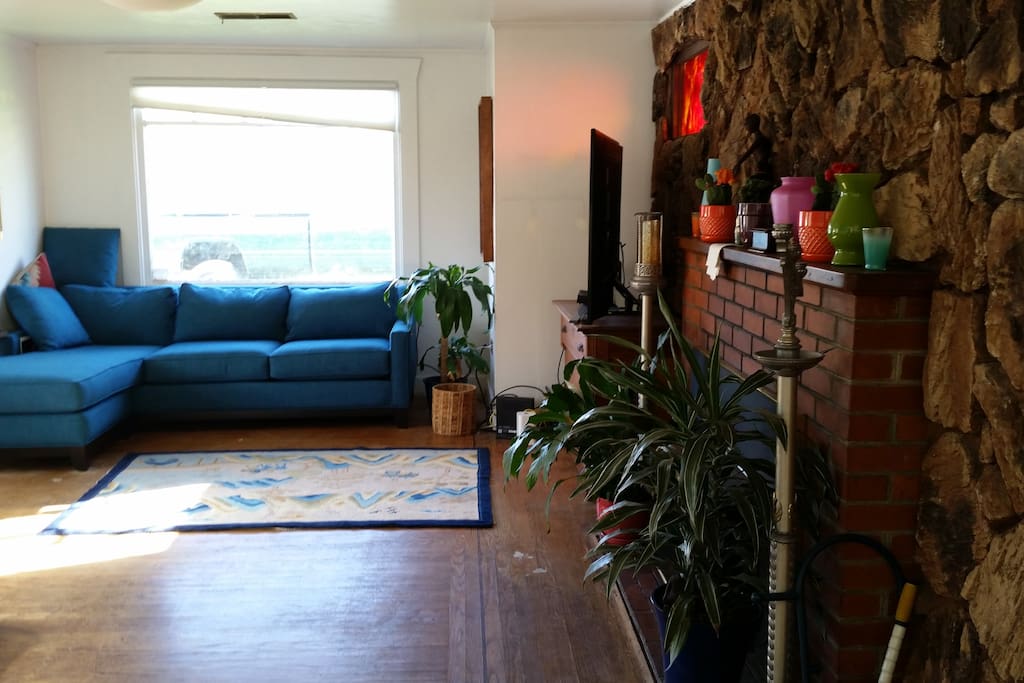 Living room. Large L-shaped couch facing the TV with big picture window and succulent front yard outside.