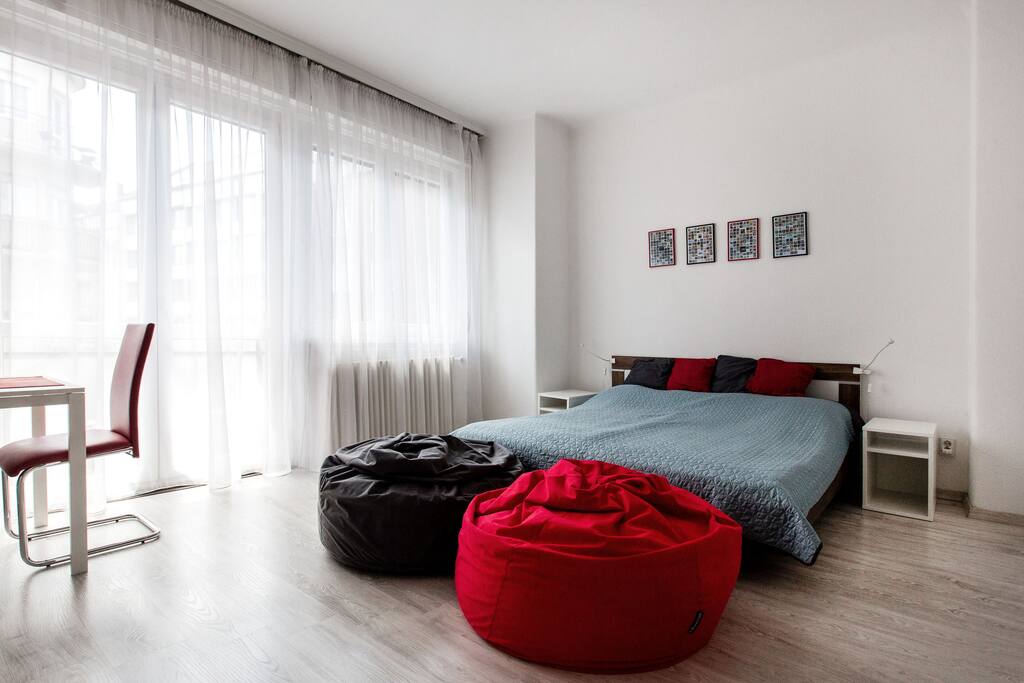 Extremely comfortable bean bags and a king size bed