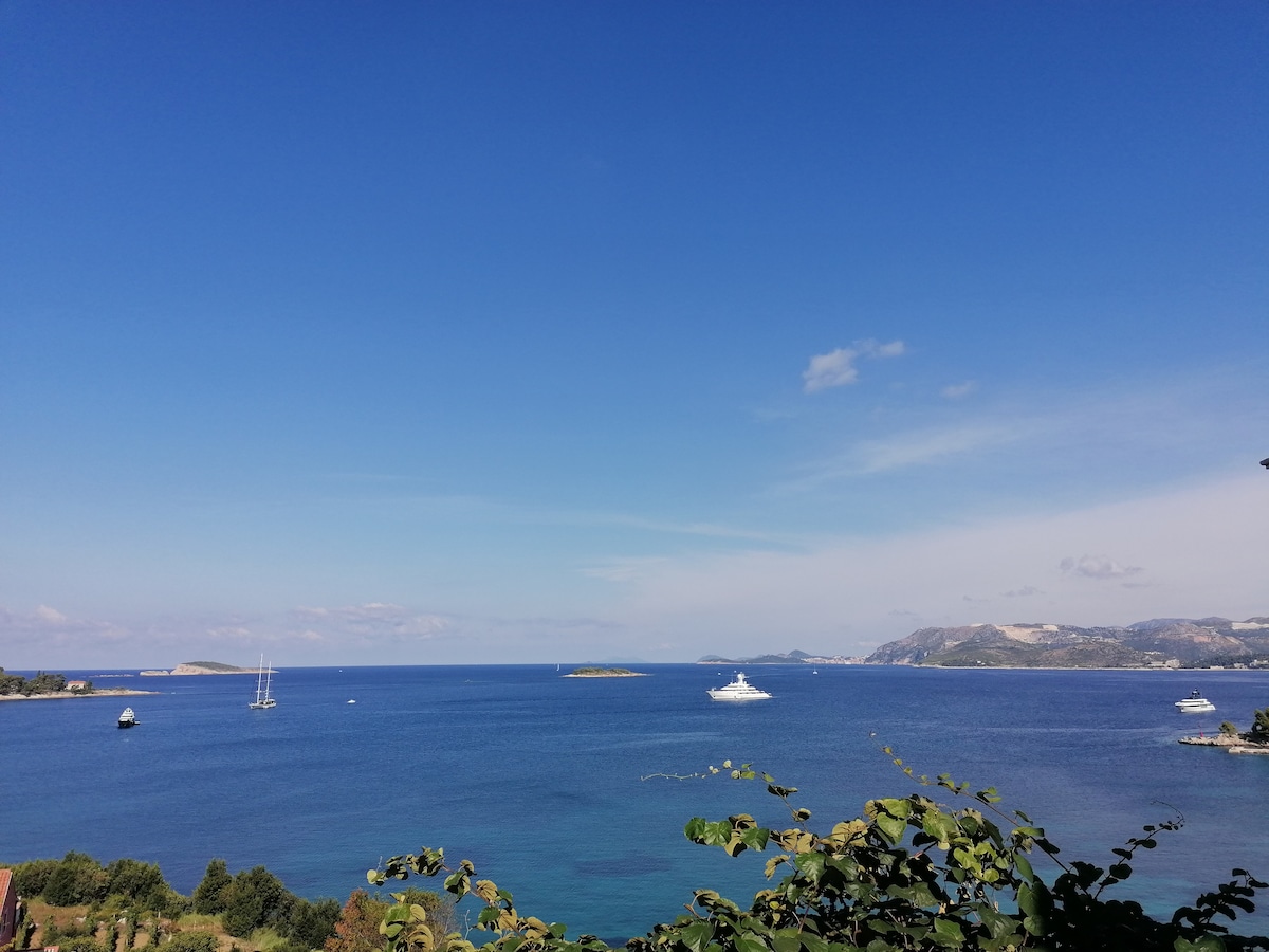 A serene view of the sea stretches across the horizon, framed by lush greenery. The water reflects the clear blue sky, with distant islands and boats visible. Gentle waves create a calming effect, enhancing the tranquil atmosphere of the coastal landscape.