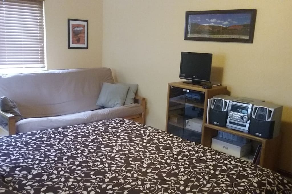 Small TV and stereo system also available. Futon folds out to queen.