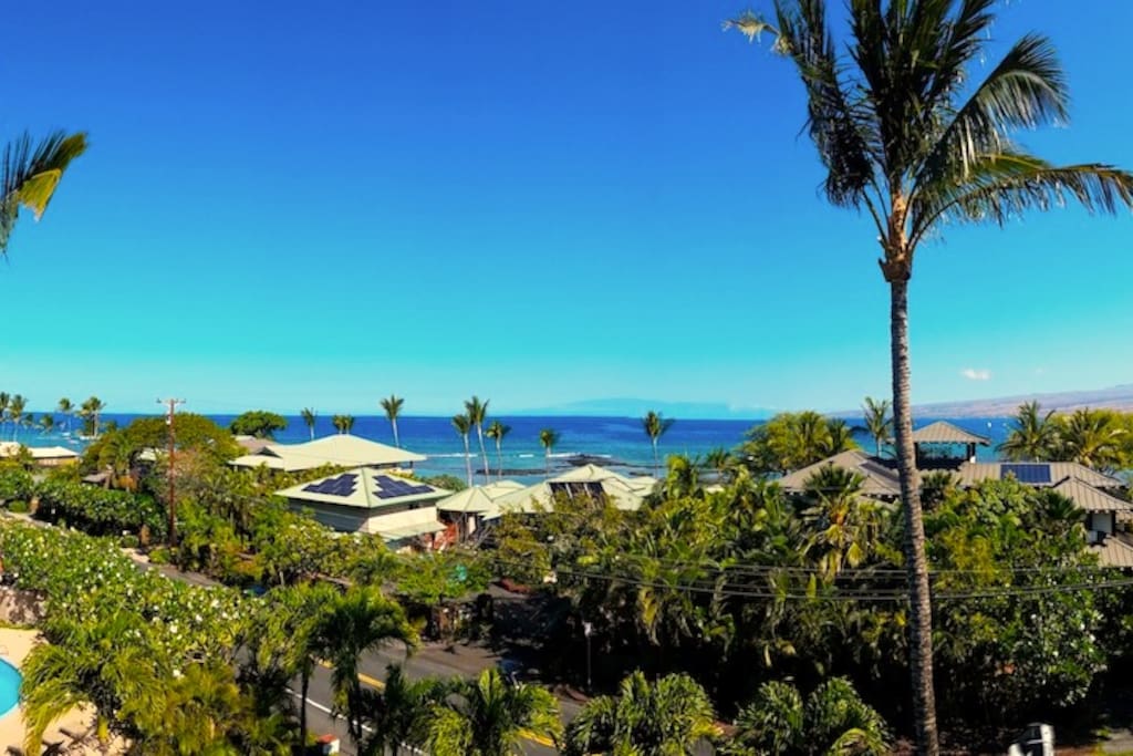 View from the front Lanai, where you can see Haleakala off in the distance. Ocean views, sunshine, palm trees, and sweet singing birds while you plan your adventures for the day!