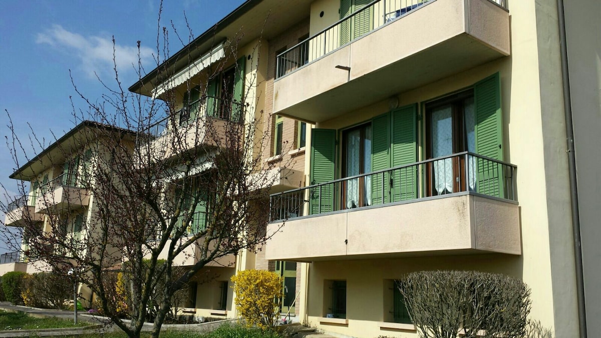 A multi-unit residential building is depicted, showcasing balconies featuring green shutters. Landscaping includes trees and shrubs, presenting a neat exterior. Bright natural light enhances the overall appearance, while a clear blue sky is visible above.