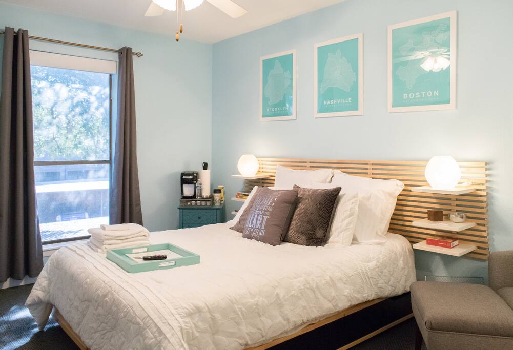 A queen sized platform bed.