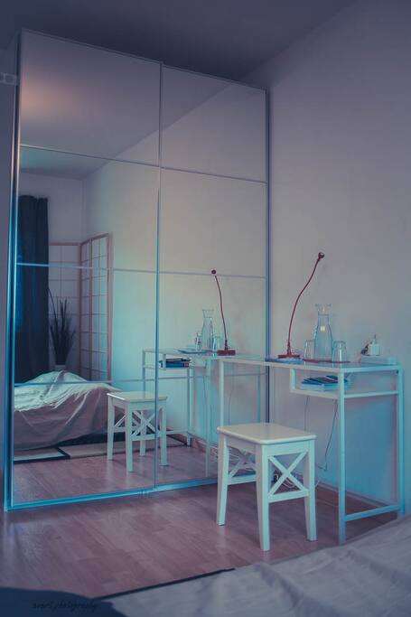 View of the little working area and the full body mirror.