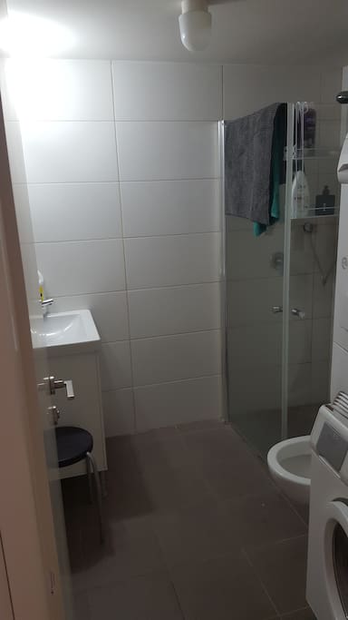 The bathroom that is attached to the study room. Has a laundry machine and a drier machine.