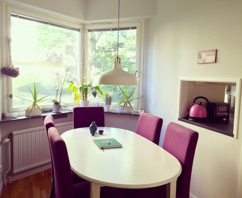 Dining room with bay window.