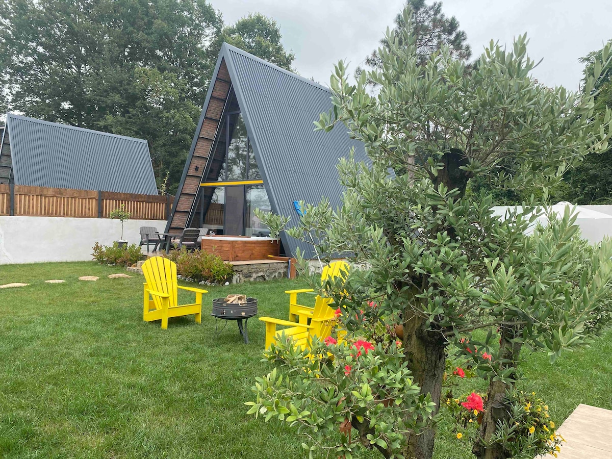 Two A-frame cabins are positioned in a grassy area, surrounded by lush greenery. Bright yellow Adirondack chairs and a fire pit are arranged on the lawn, with flowers adding color to the landscape. The cloudy sky provides a serene backdrop.