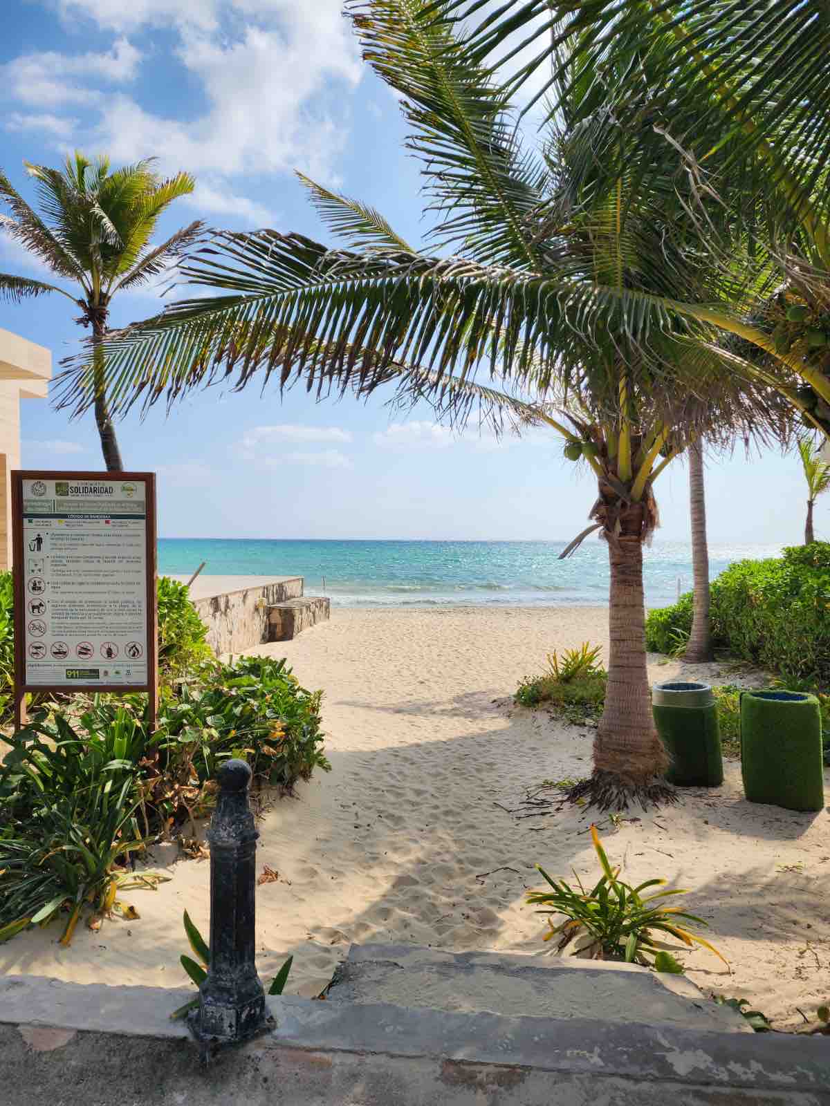A sandy pathway leads to the beach, framed by palm trees and coastal vegetation. A sign is positioned on the left side, while two green trash bins are situated near the path. The tranquil ocean stretches into the distance under a blue sky dotted with fluffy clouds.
