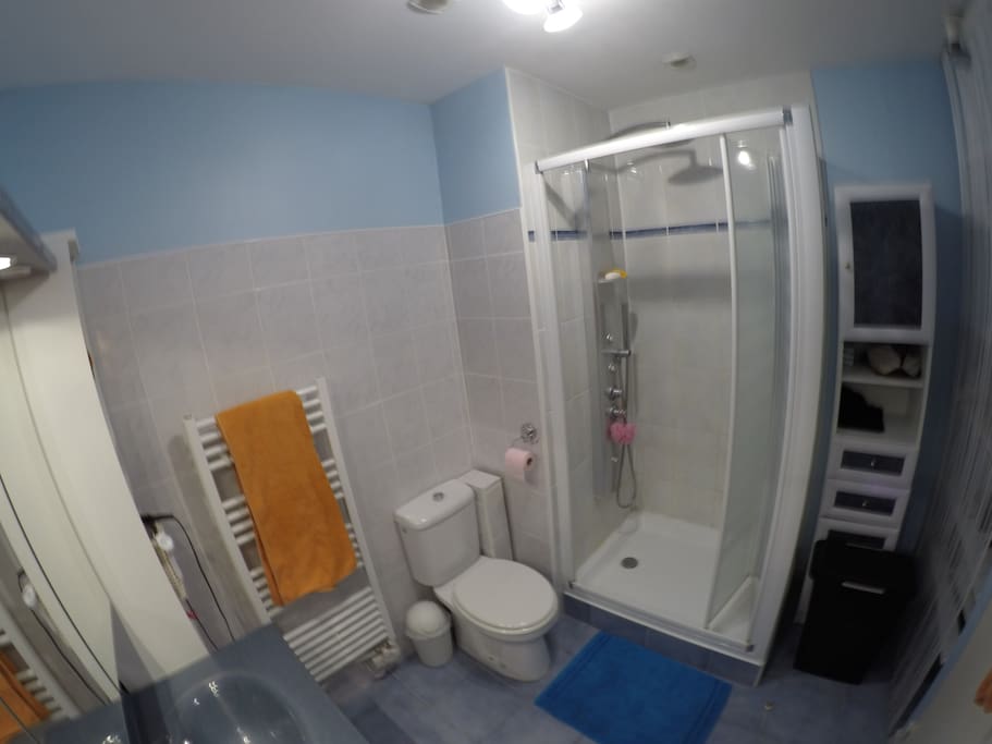 Salle de douche : double vasque + toilettes + douche