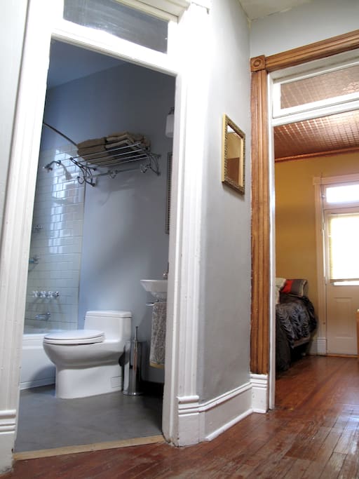 Bathroom on the left, bedroom on right