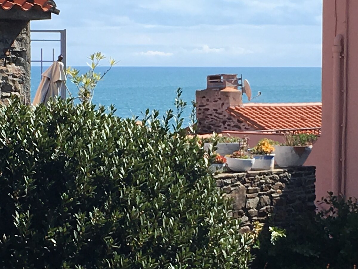 A view from a quaint balcony shows the serene blue expanse of the sea, complemented by terracotta rooftops and greenery in the foreground. The scene captures a peaceful coastal ambiance, with hints of colorful potted flowers visible among the foliage.