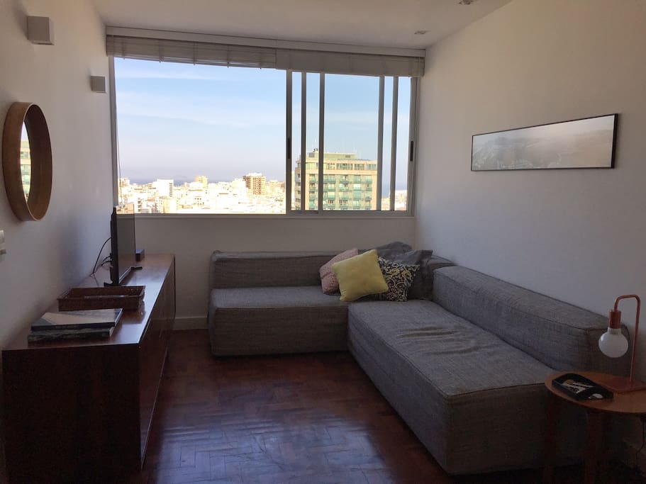 The sofa in the living room opens into a sofa bed and sleeps 2 people
